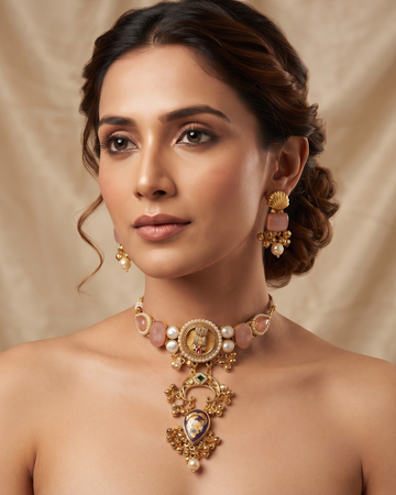 Blush Pink & Antique Gold Kundan Statement Necklace Set