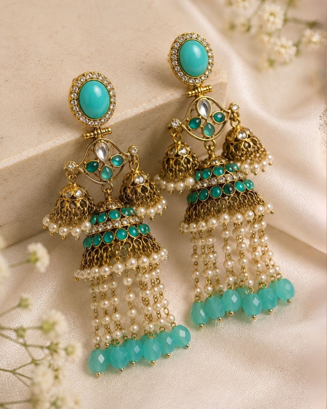 Royal Turqoise Pearl Drop Jhumka