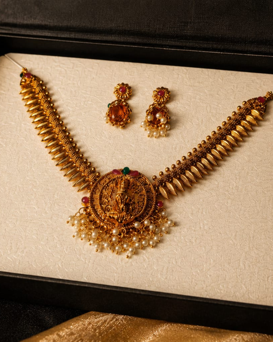Blush Pink Antique Gold Temple Jewellery Necklace Set