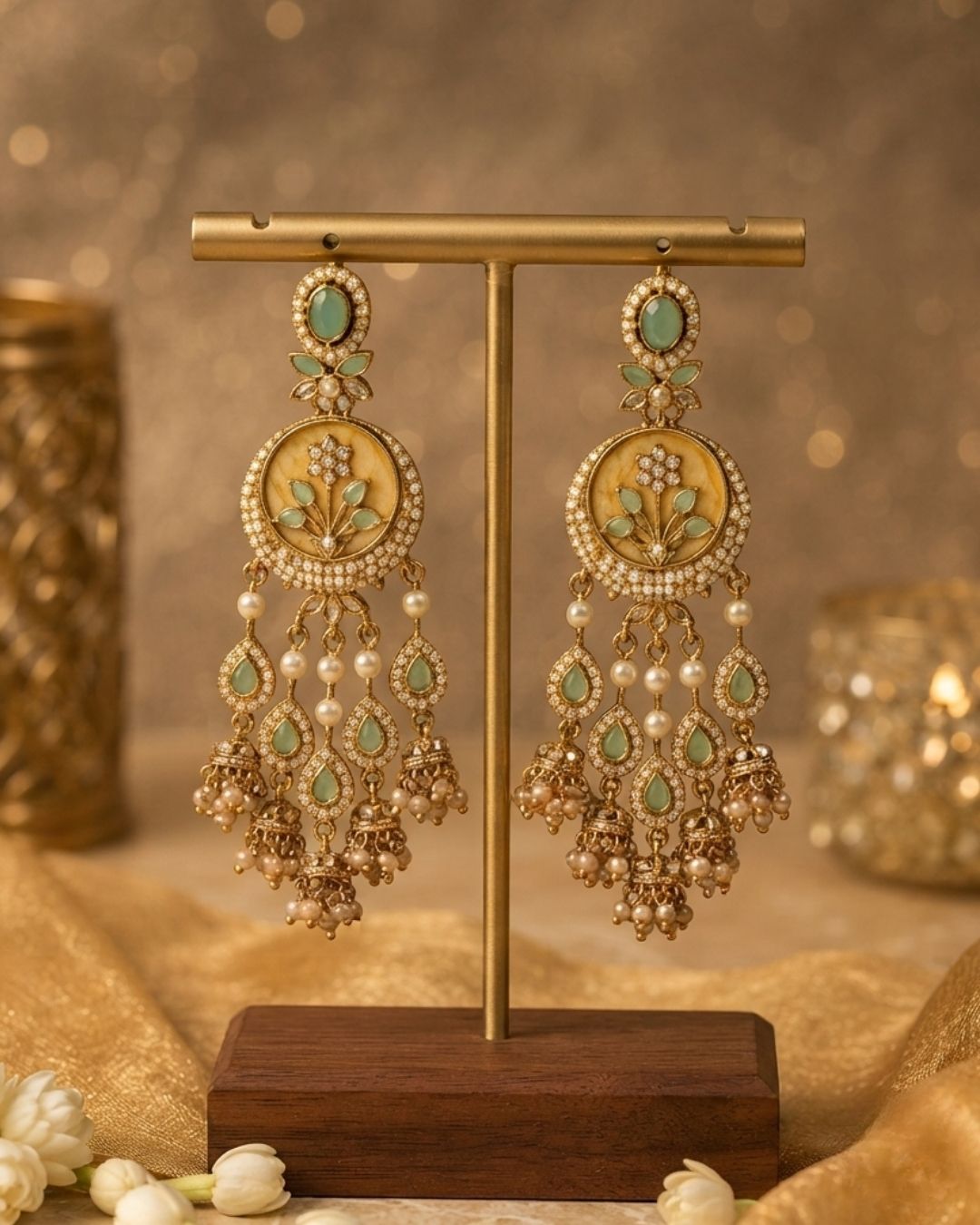 Emerald Green & Antique Gold Kundan Chandbali Dangler Earrings