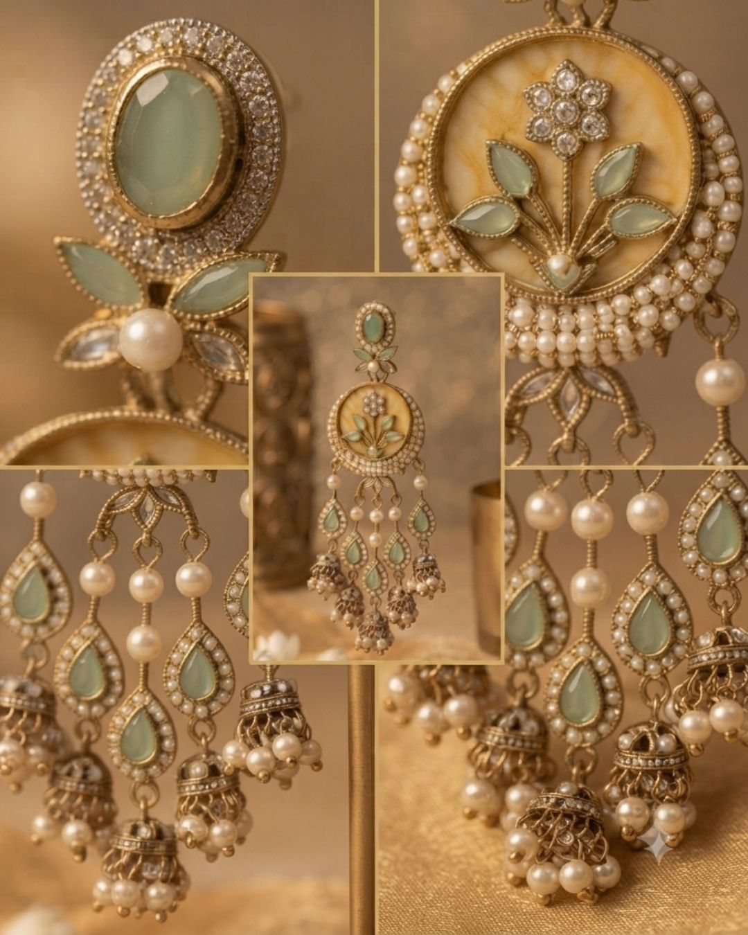 Emerald Green & Antique Gold Kundan Chandbali Dangler Earrings