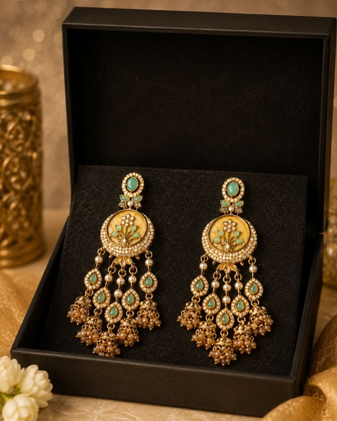 Emerald Green & Antique Gold Kundan Chandbali Dangler Earrings