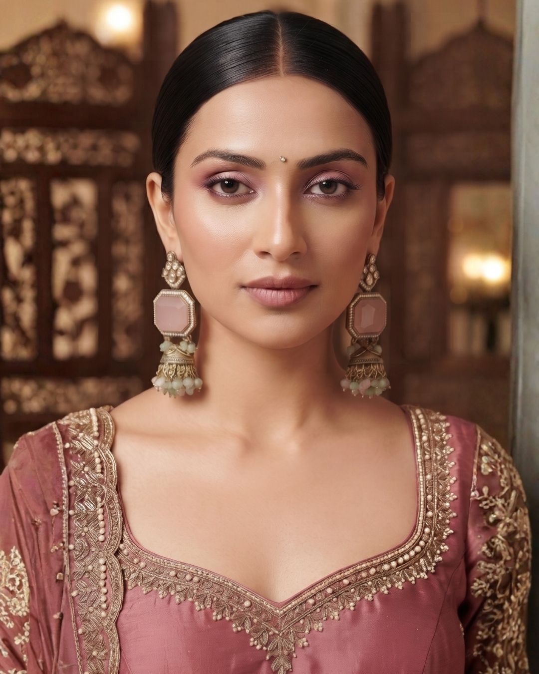 Emerald Green & Antique Gold Kundan Chandbali Dangler Earrings