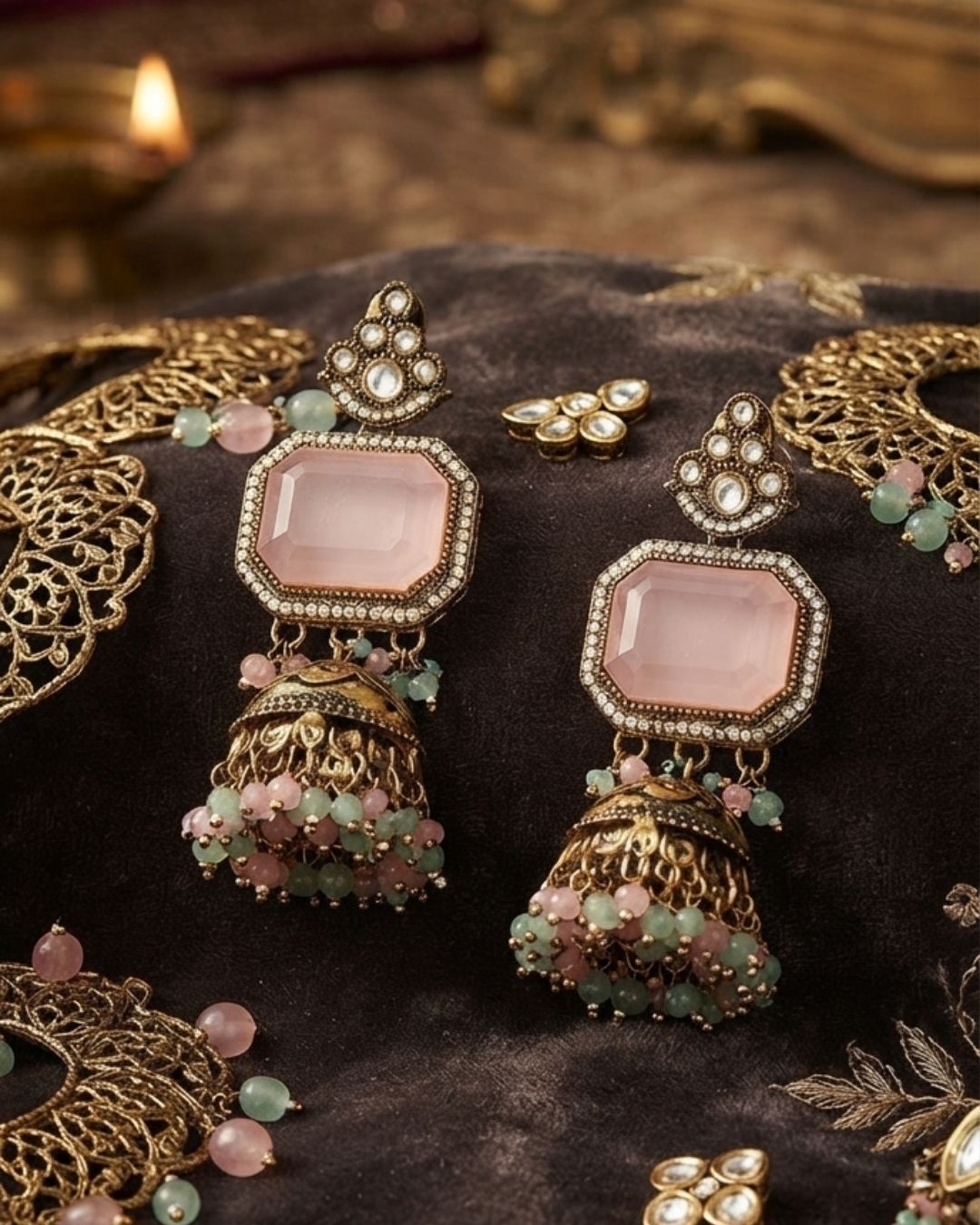 Emerald Green & Antique Gold Kundan Chandbali Dangler Earrings