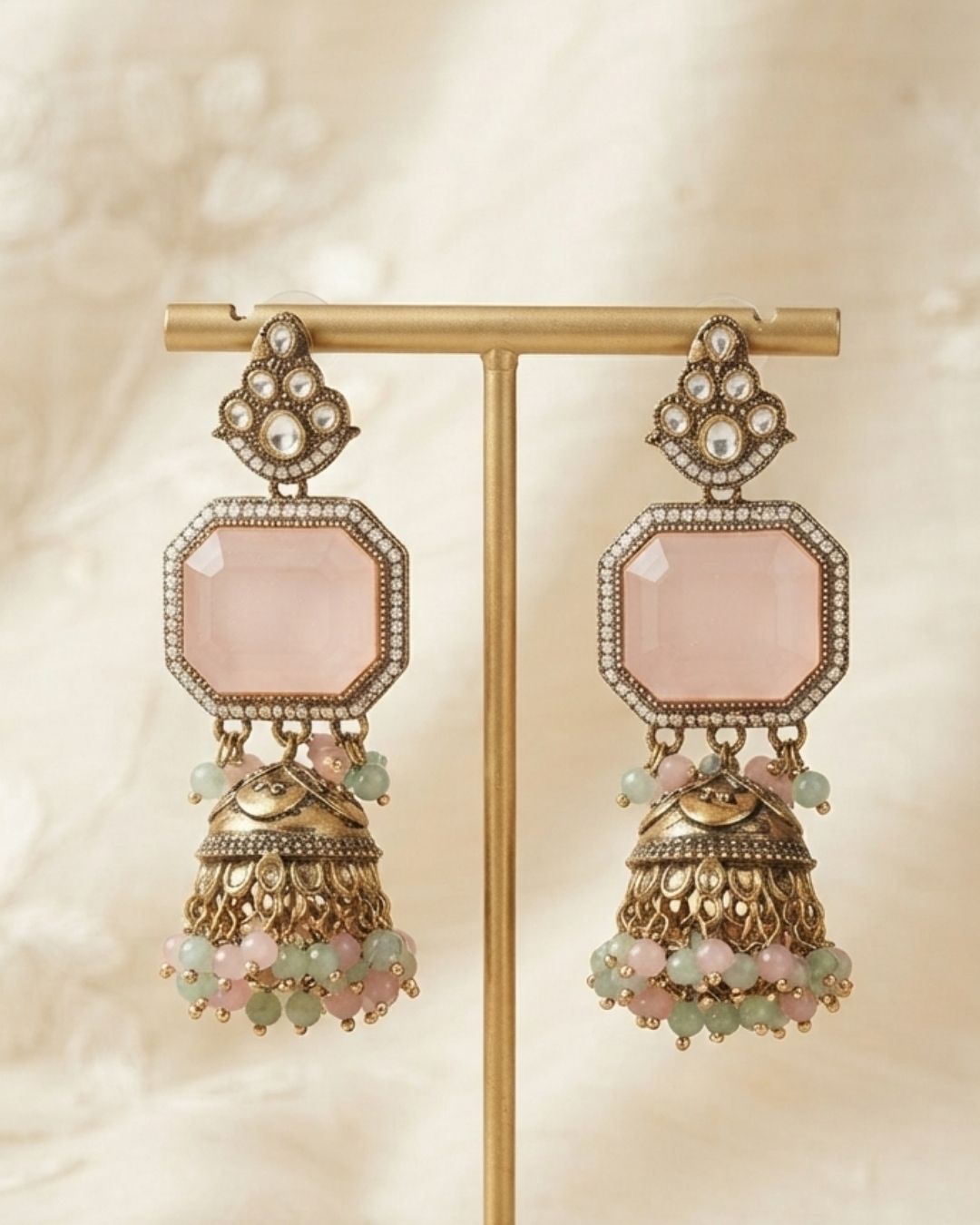Emerald Green & Antique Gold Kundan Chandbali Dangler Earrings