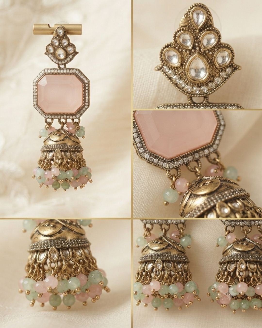 Emerald Green & Antique Gold Kundan Chandbali Dangler Earrings