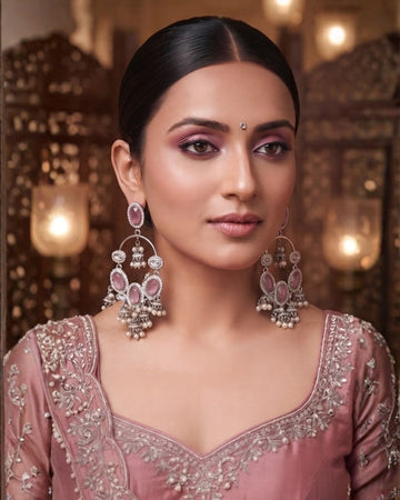 Blush Pink & Silver Kundan Jhumka Dangler Earrings