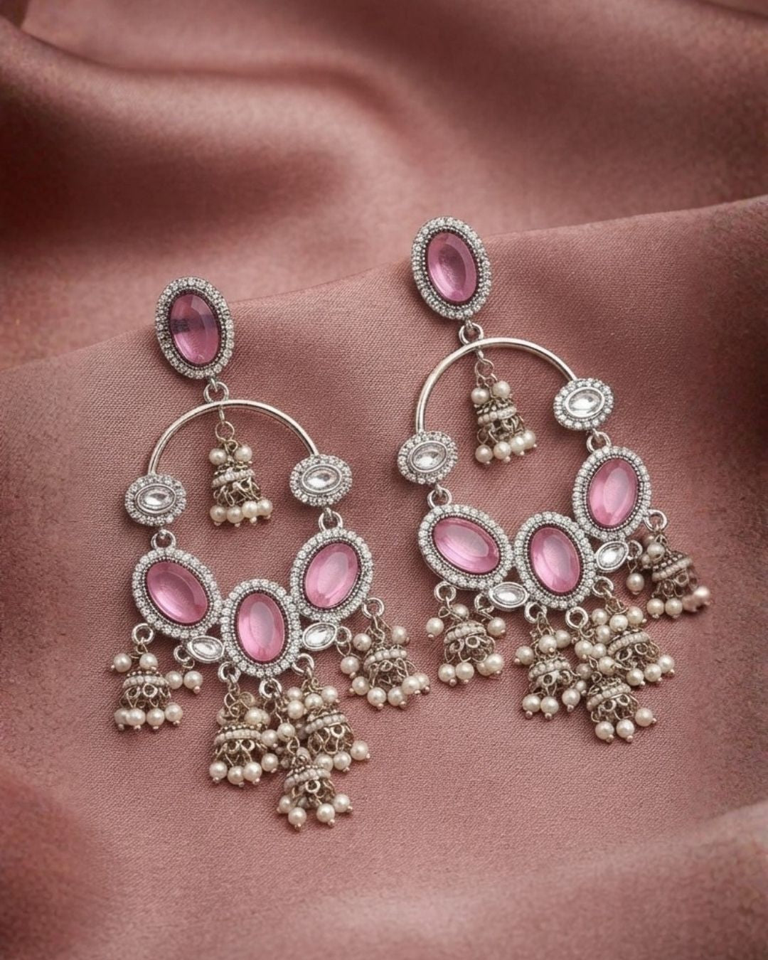 Blush Pink & Silver Kundan Jhumka Dangler Earrings