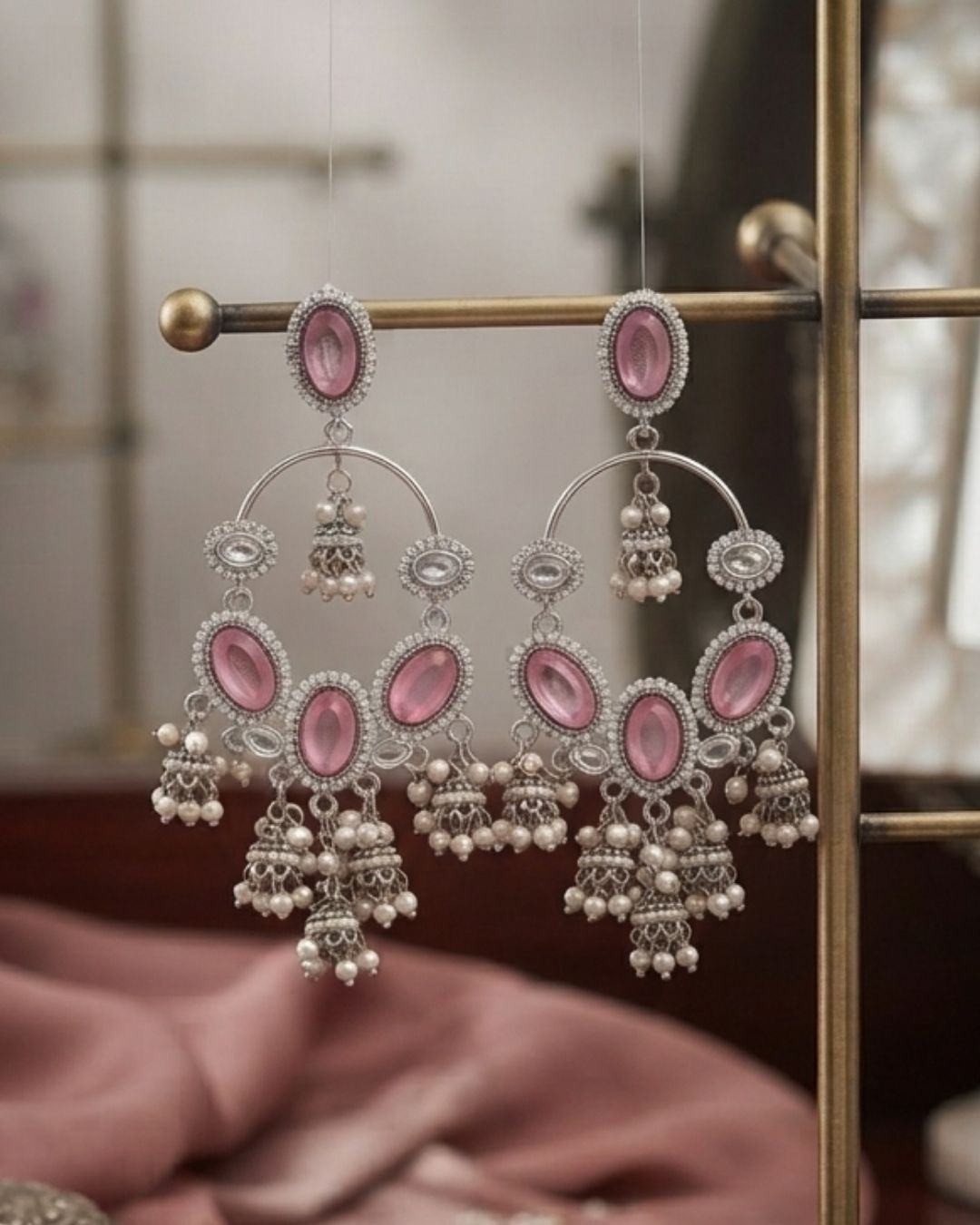 Blush Pink & Silver Kundan Jhumka Dangler Earrings