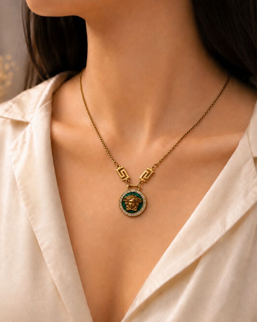 Gold-Plated Green Medallion Pendant Necklace