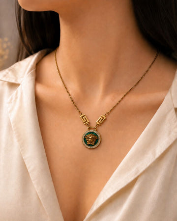 Gold-Plated Green Medallion Pendant Necklace