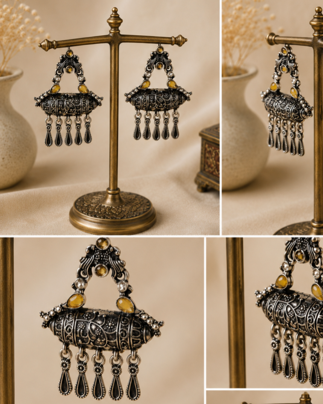 Antique Gold & Black Beaded Jhumka Earrings