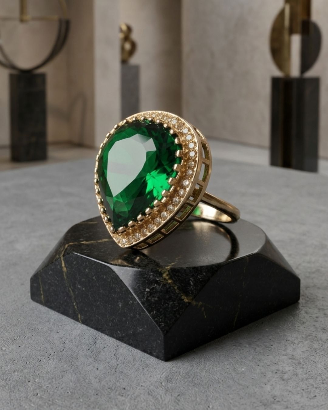 Royal Emerald Green Gold-Plated American Diamond Halo Ring