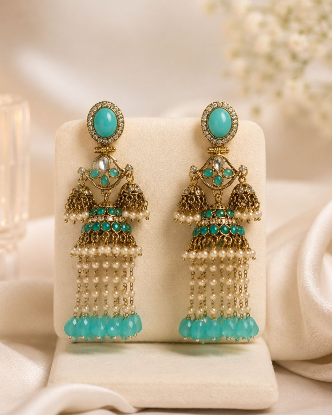 Royal Turqoise Pearl Drop Jhumka