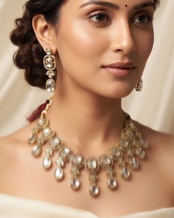Crystal White & Antique Gold AD Statement Necklace Set