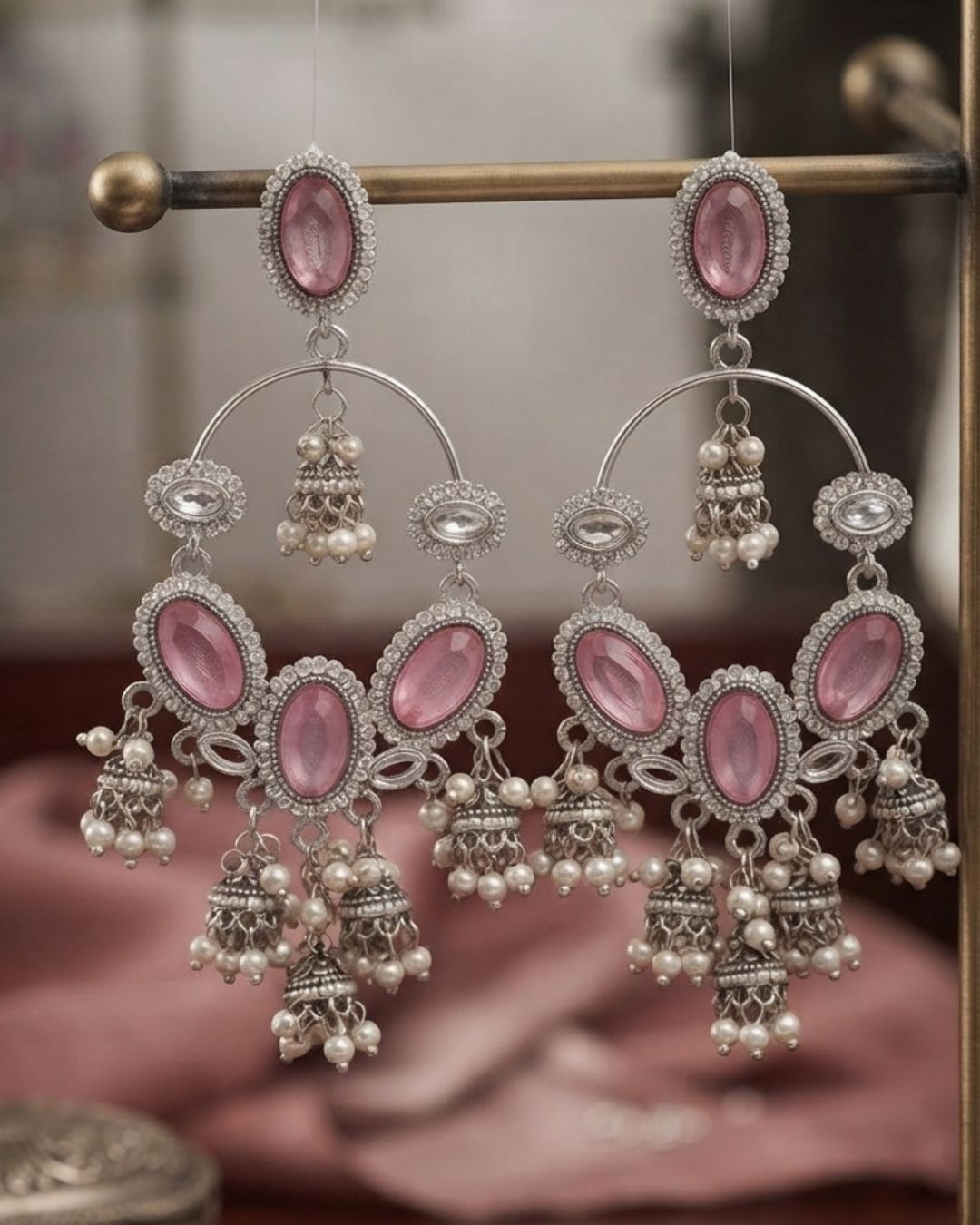Blush Pink & Silver Kundan Jhumka Dangler Earrings