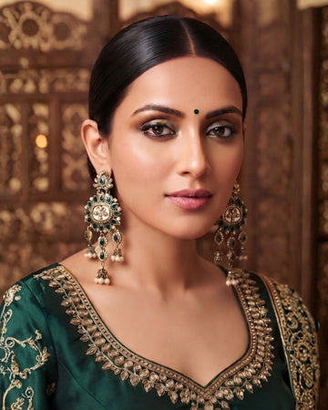 Emerald Green & Antique Gold Floral Kundan Dangler Earrings