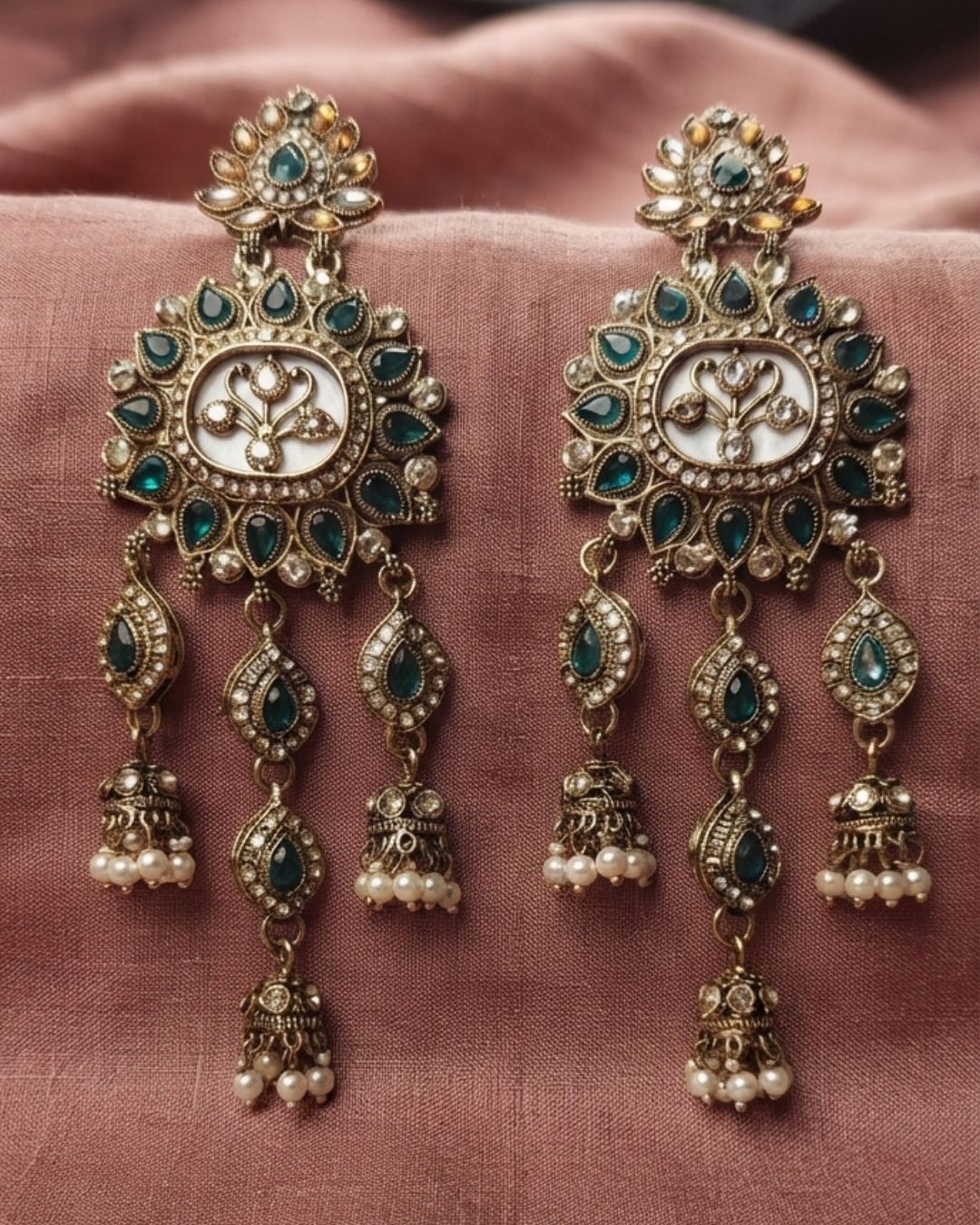 Emerald Green & Antique Gold Floral Kundan Dangler Earrings