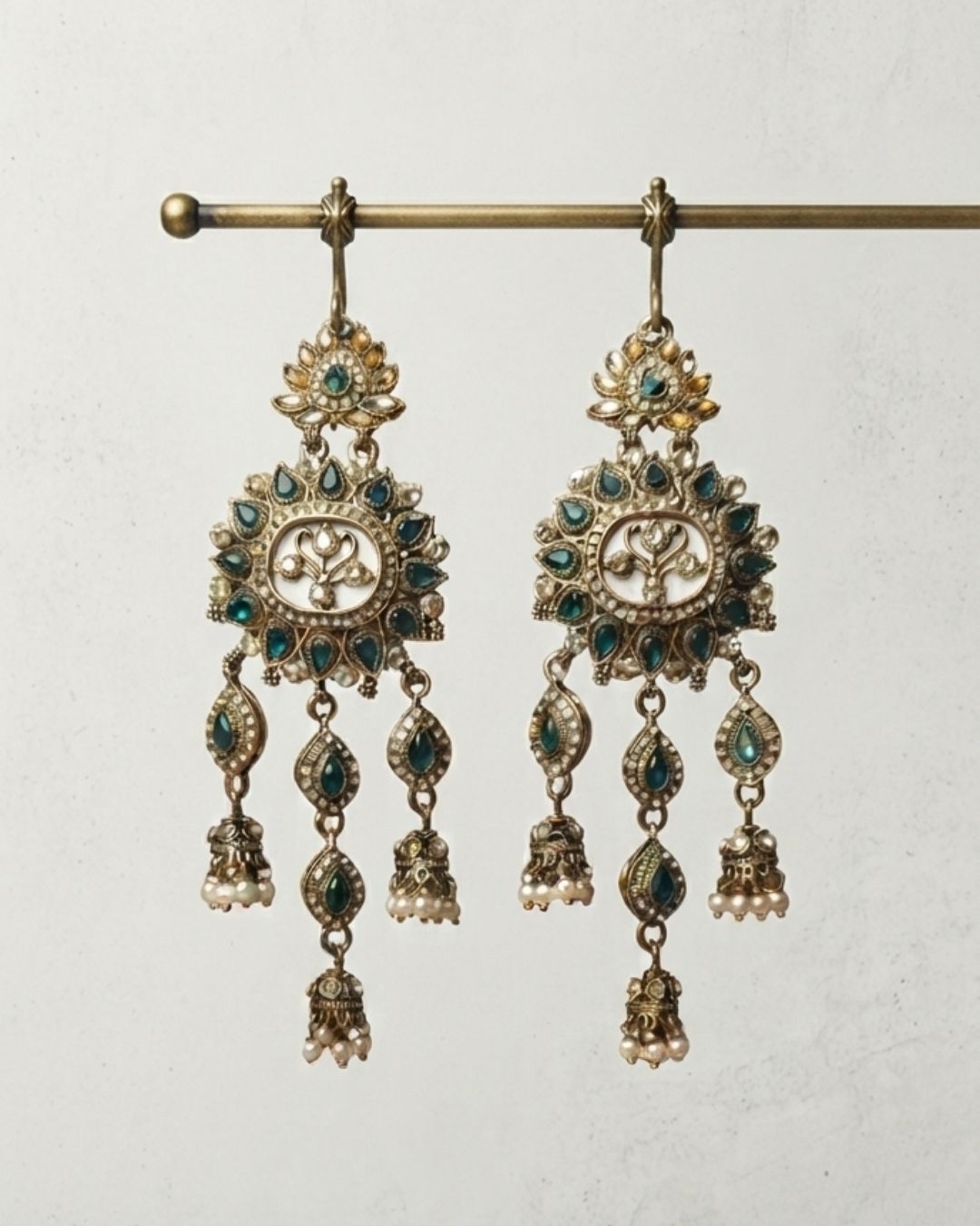 Emerald Green & Antique Gold Floral Kundan Dangler Earrings