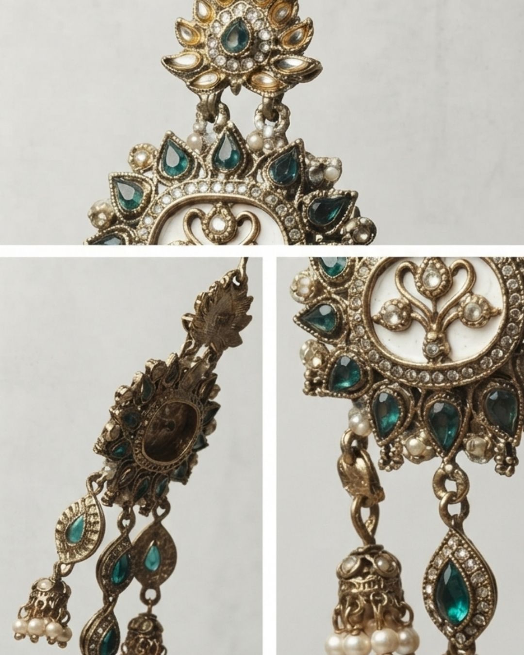 Emerald Green & Antique Gold Floral Kundan Dangler Earrings