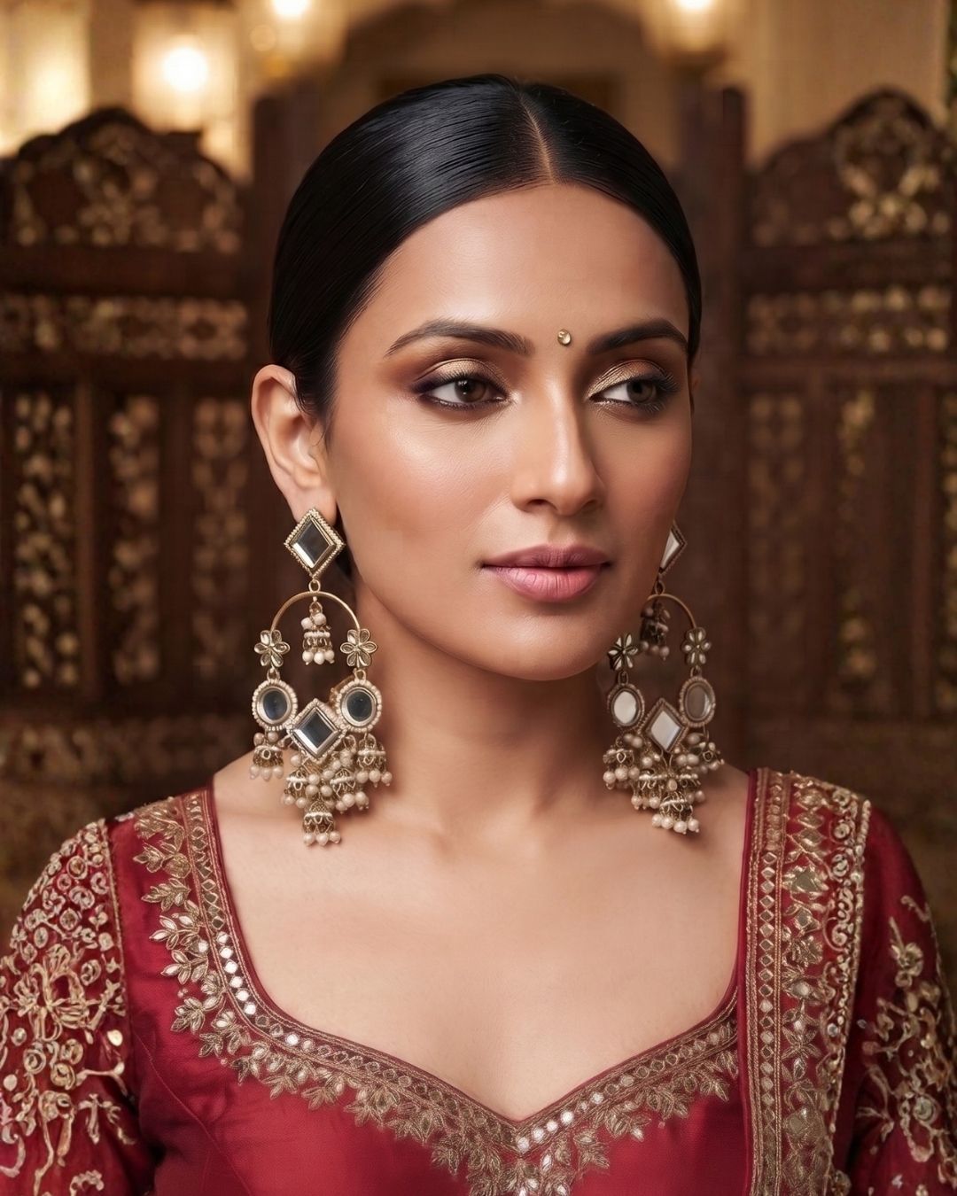 Emerald Green & Antique Gold Kundan Chandbali Dangler Earrings