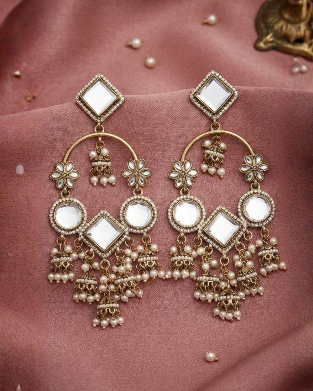 Emerald Green & Antique Gold Kundan Chandbali Dangler Earrings