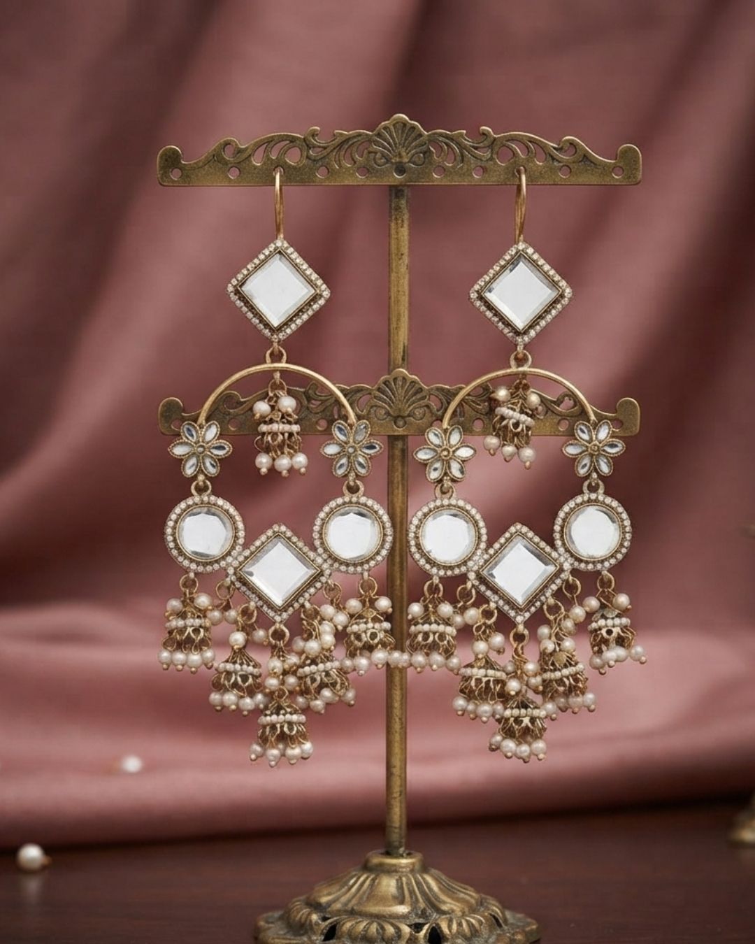 Emerald Green & Antique Gold Kundan Chandbali Dangler Earrings