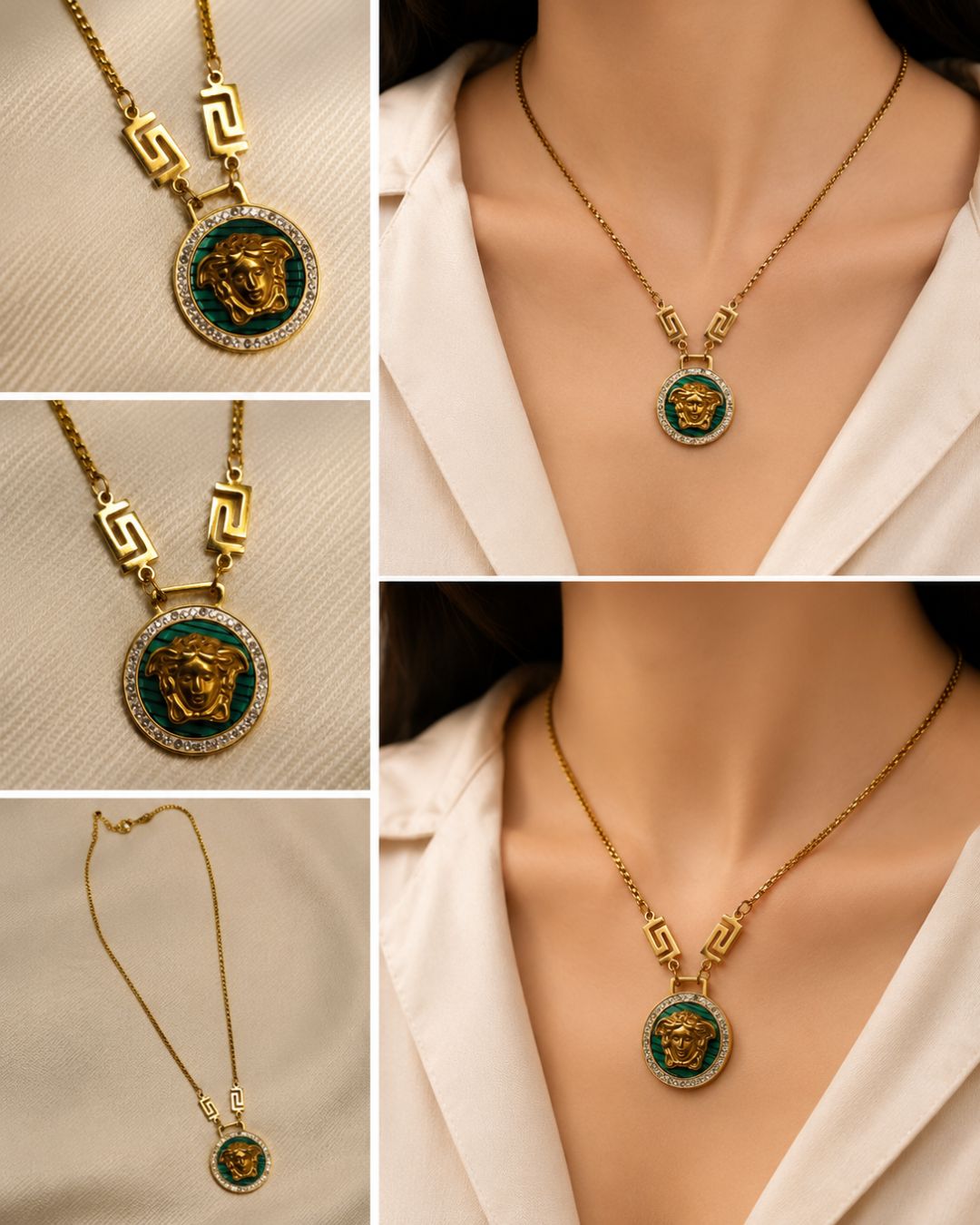 Gold-Plated Green Medallion Pendant Necklace