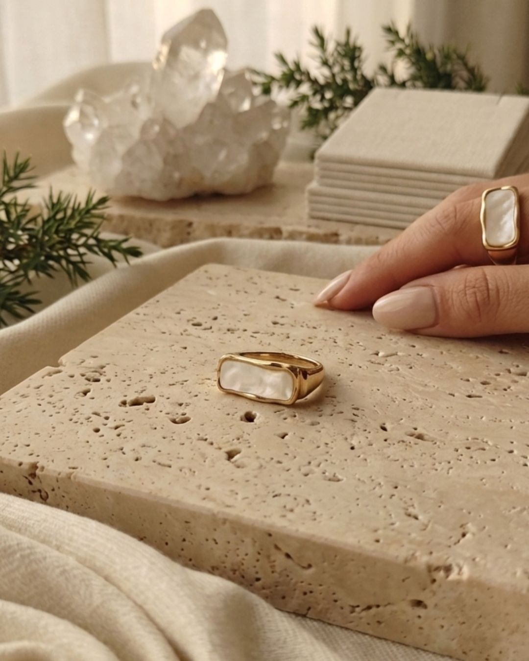 Gold-Plated White Enamel rectangle Cuff ring