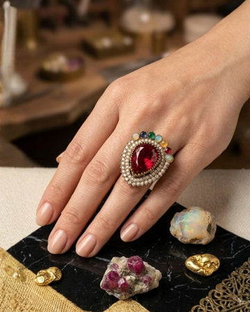 Royal Ruby Red Gold-Plated American Diamond Floral Statement Ring