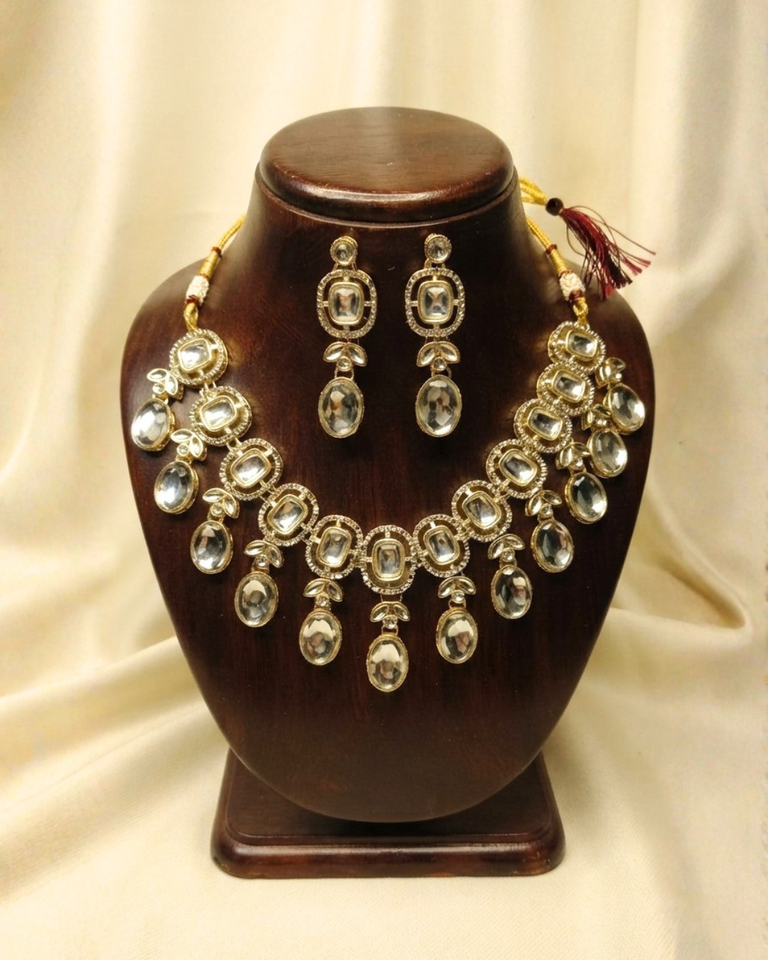 Crystal White & Antique Gold AD Statement Necklace Set