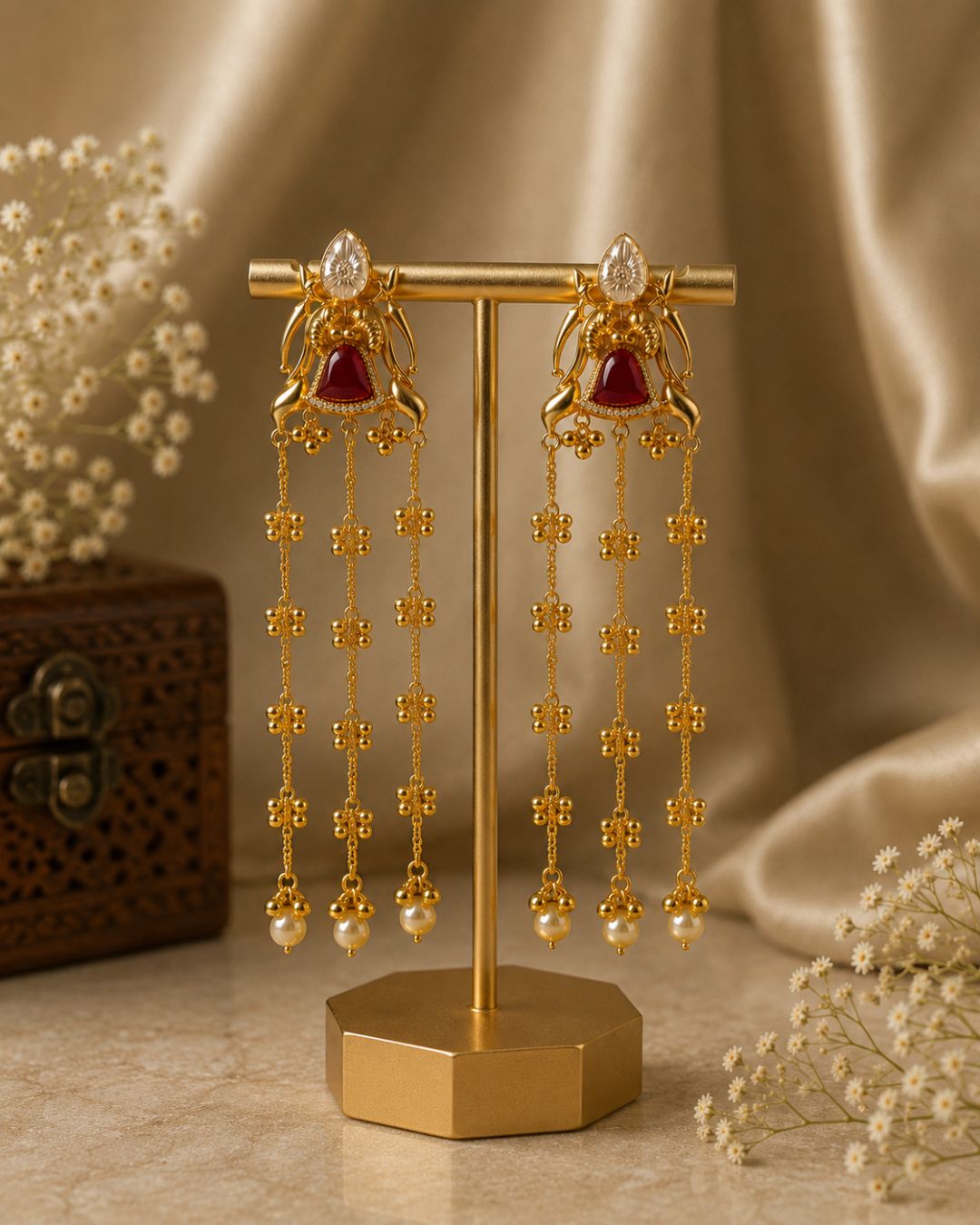 Elegant Gold Red Stone Tassel Drop Earrings