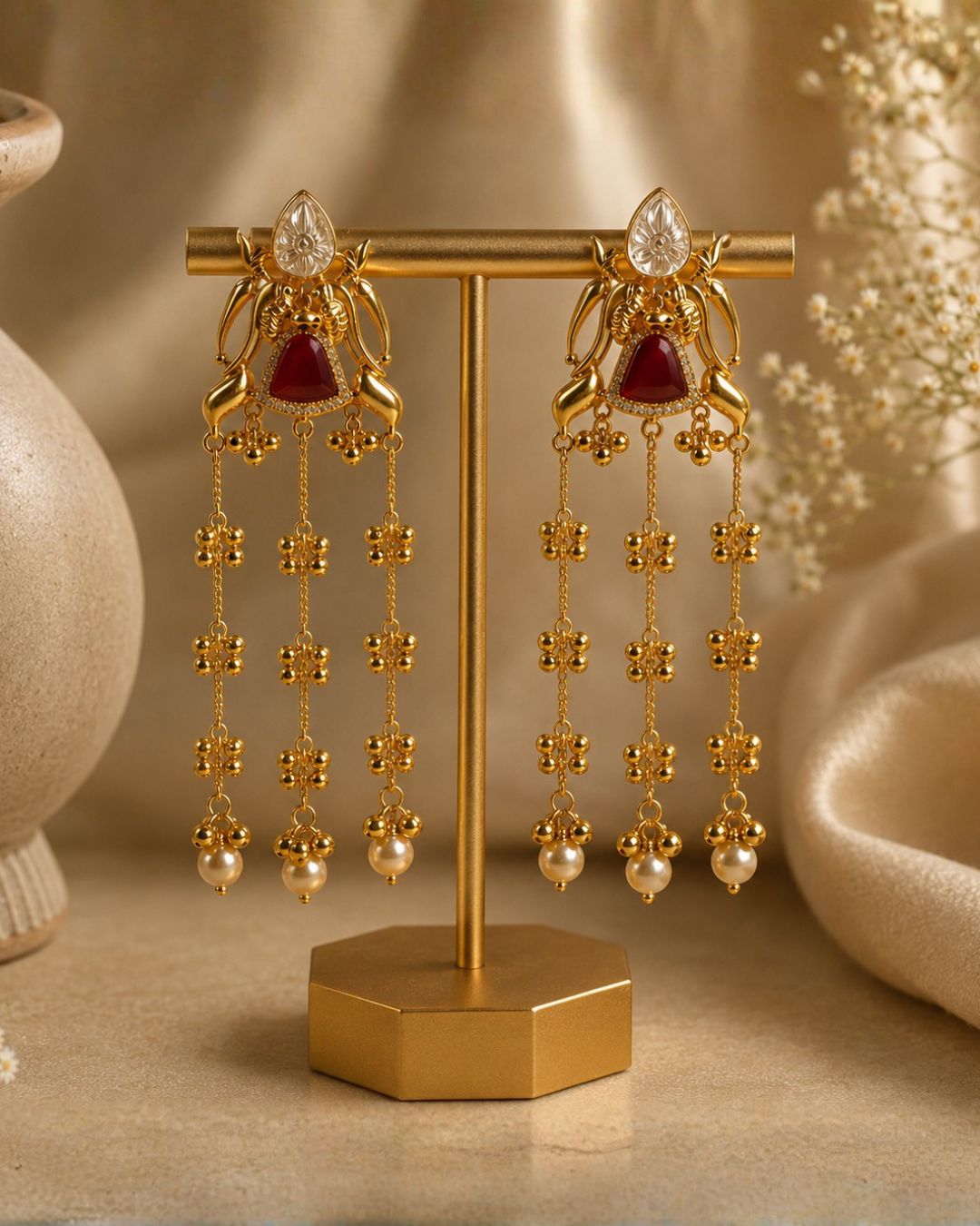 Elegant Gold Red Stone Tassel Drop Earrings