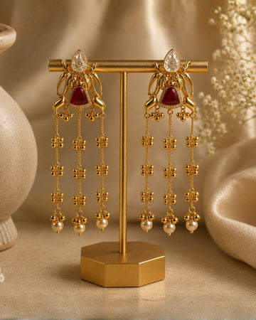 Elegant Gold Red Stone Tassel Drop Earrings