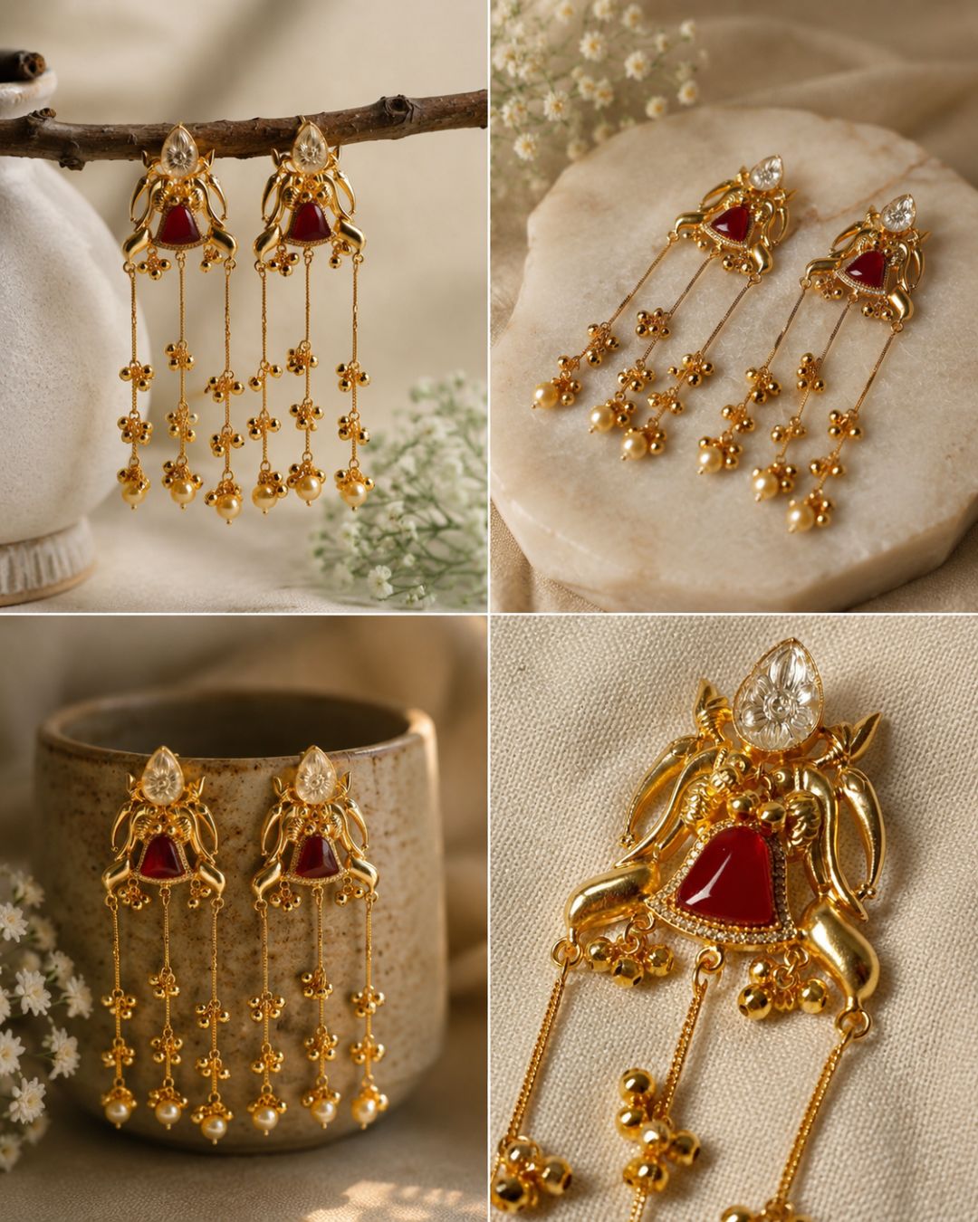 Elegant Gold Red Stone Tassel Drop Earrings