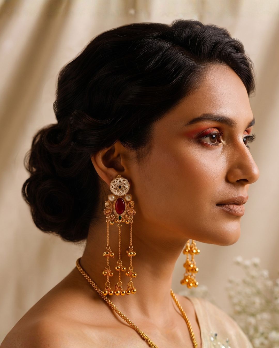 Royal Gold Red  Stone Tassel  Earrings