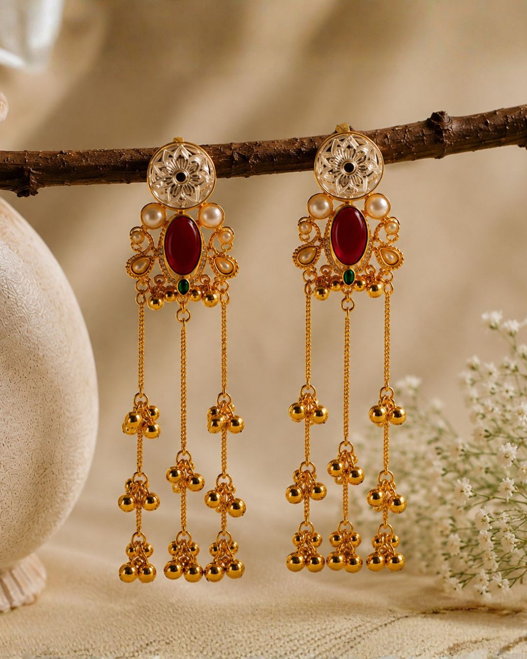 Royal Gold Red  Stone Tassel  Earrings