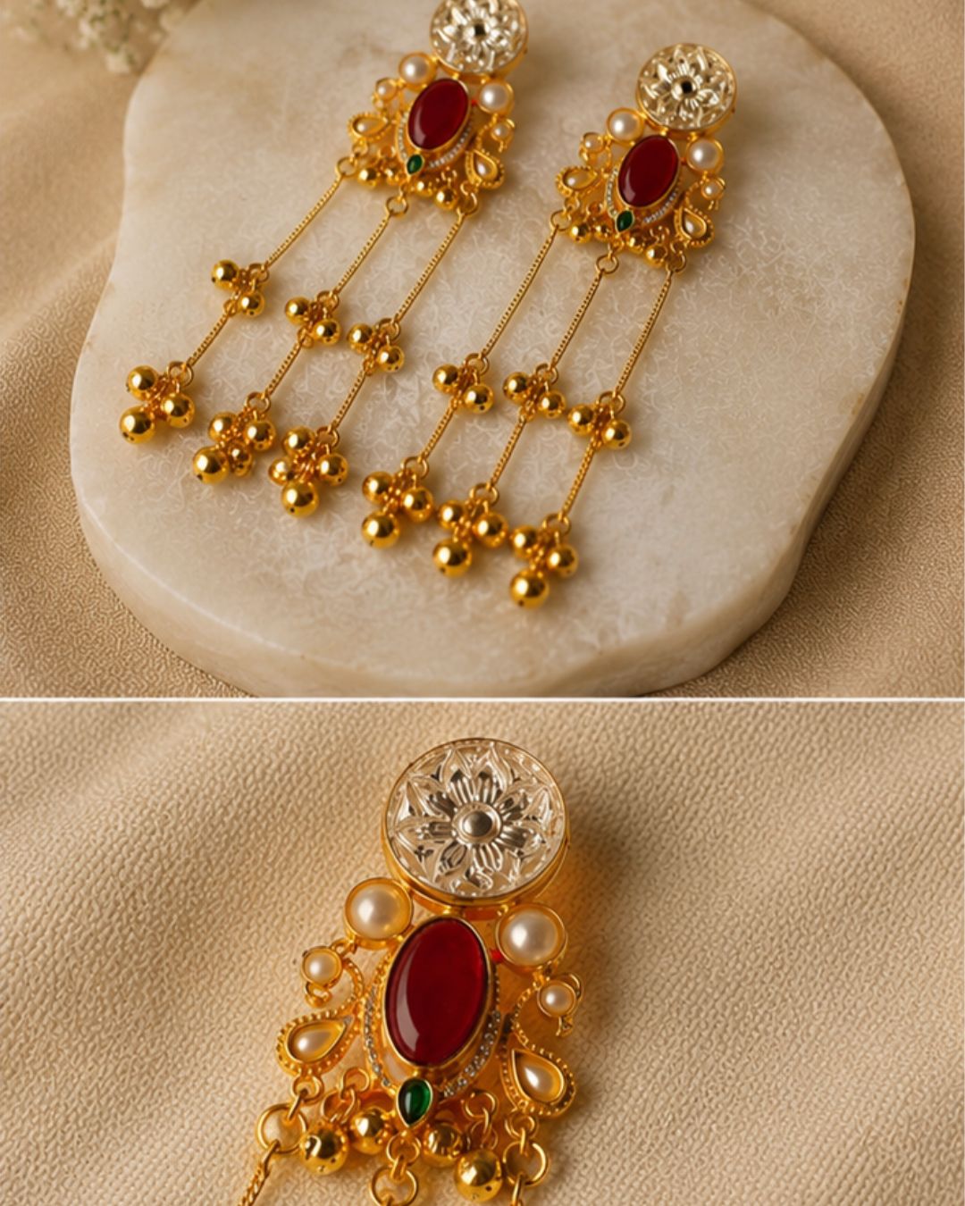 Royal Gold Red  Stone Tassel  Earrings