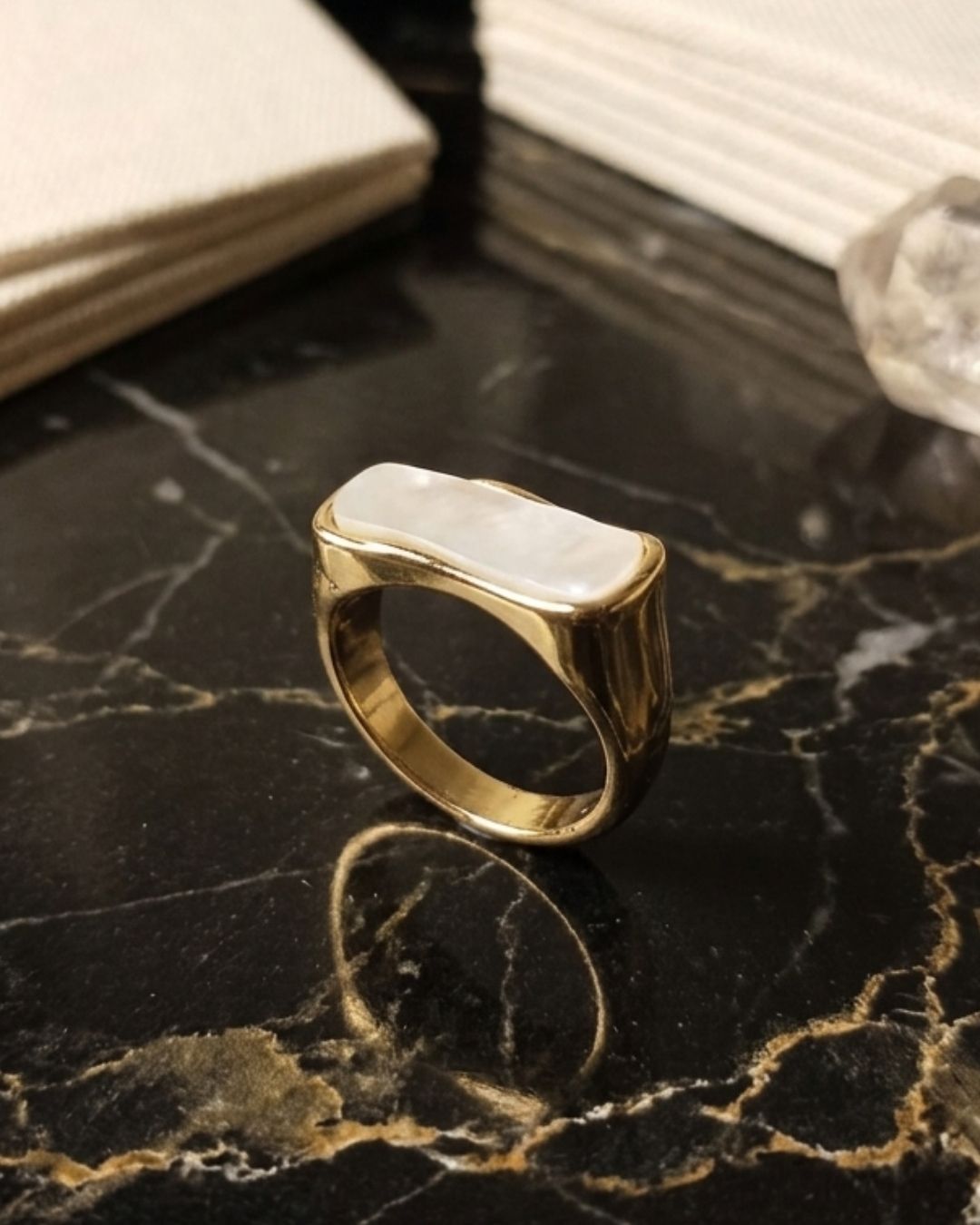 Gold-Plated White Enamel rectangle Cuff ring