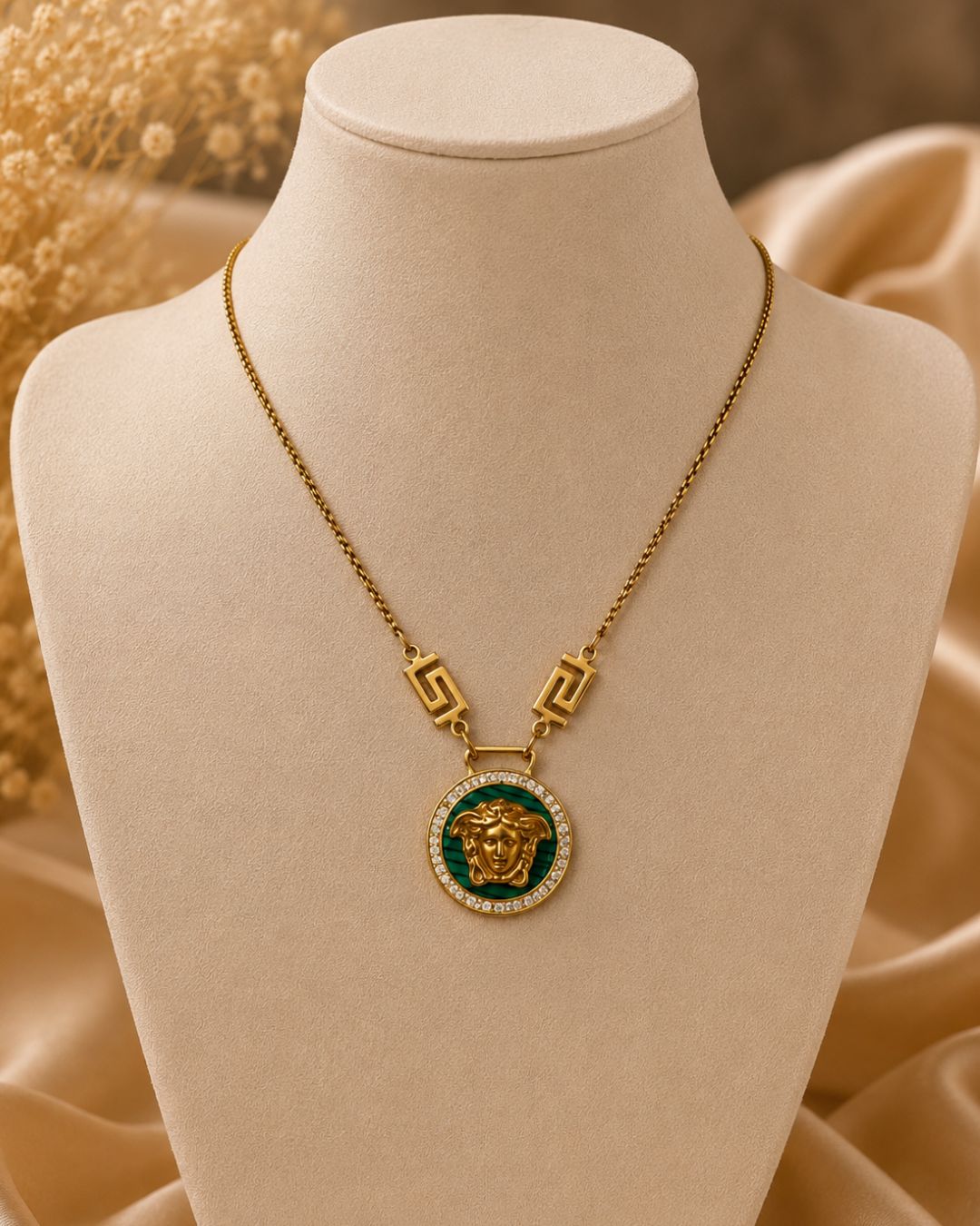 Gold-Plated Green Medallion Pendant Necklace