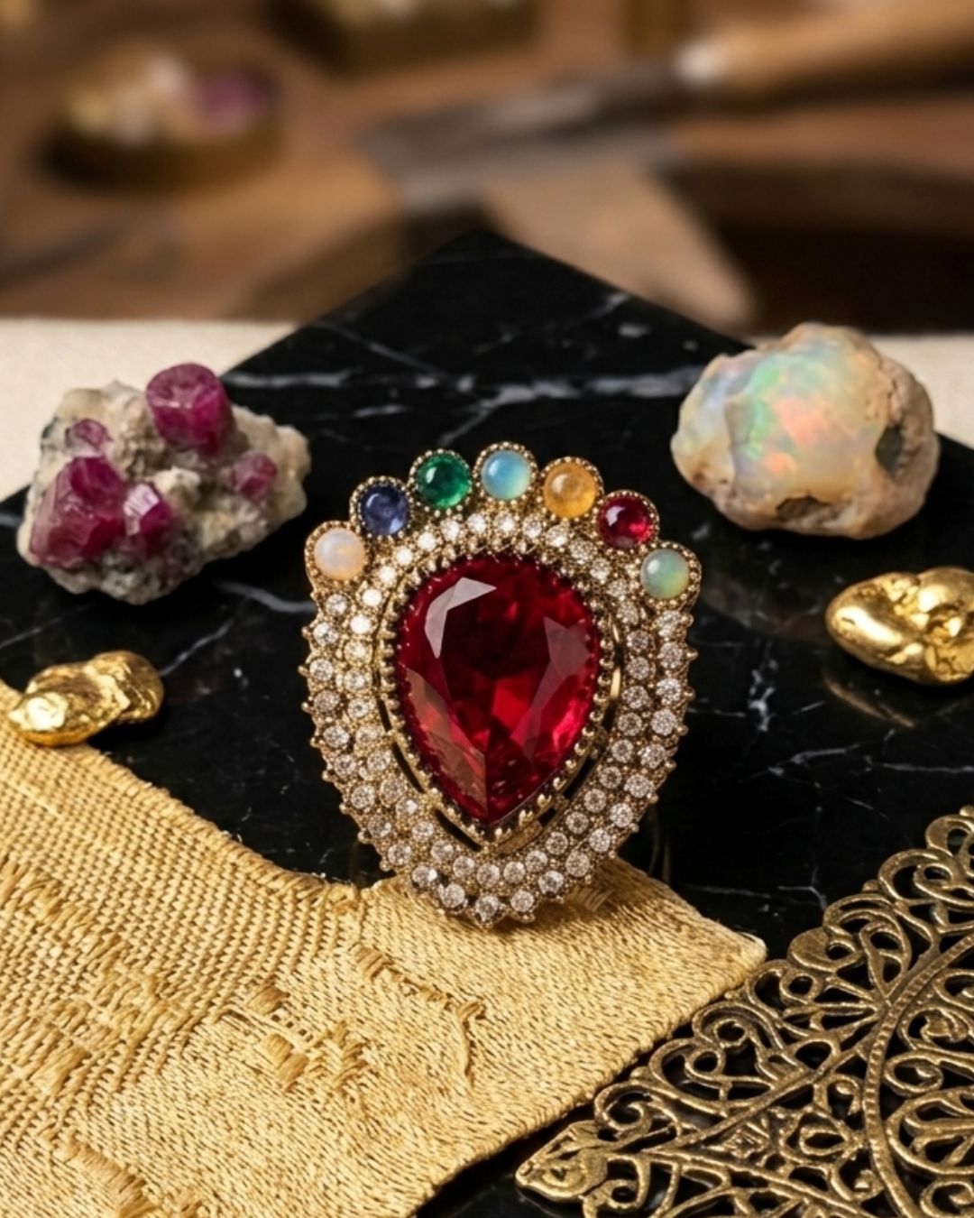 Royal Ruby Red Gold-Plated American Diamond Floral Statement Ring