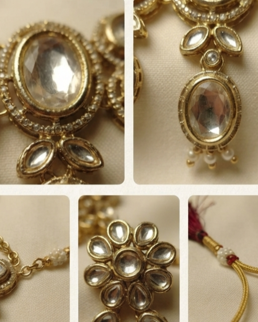 Crystal White & Antique Gold AD Statement Necklace Set