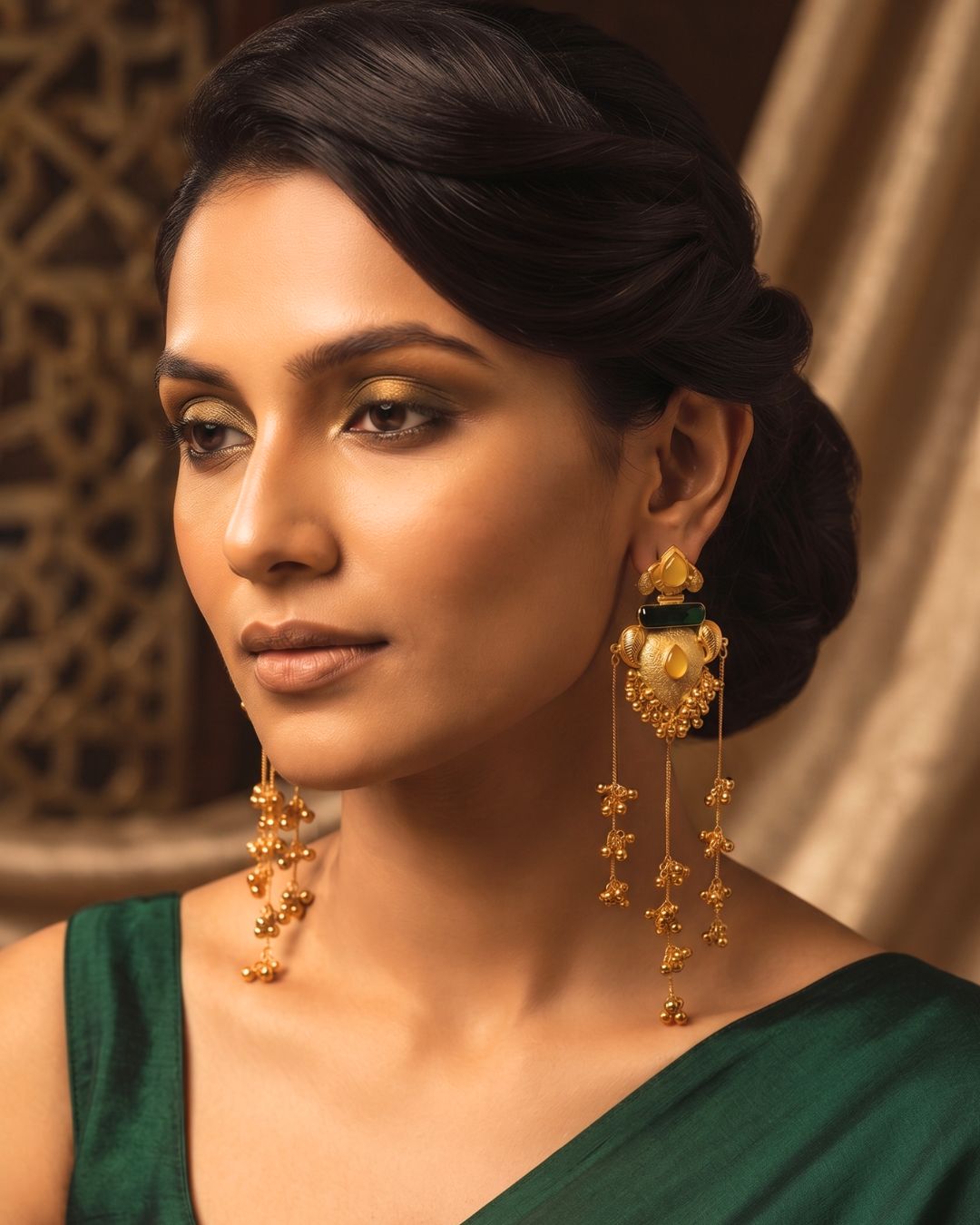 Elegant Gold Green  Stone Tassel  Drop Earrings