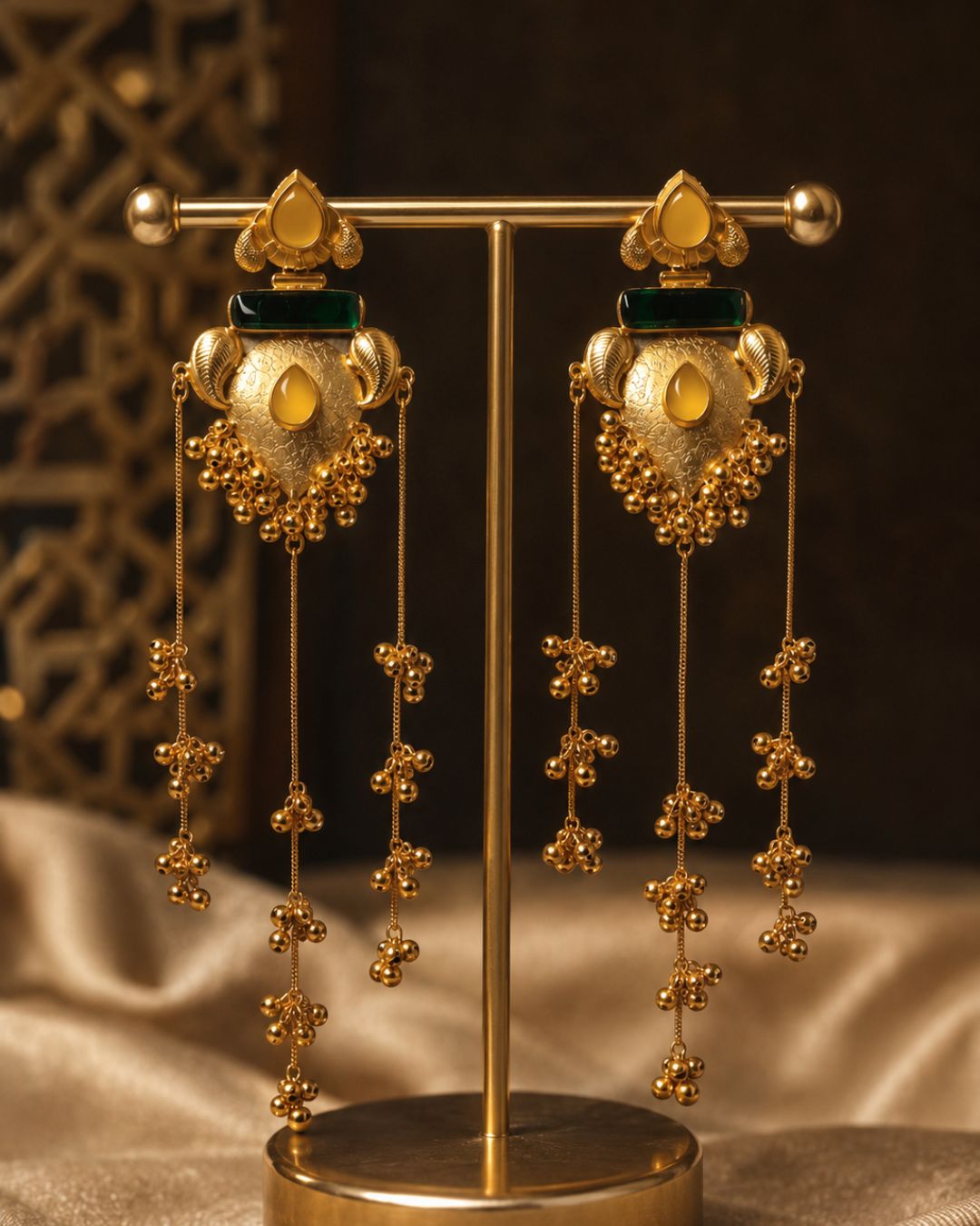 Elegant Gold Green  Stone Tassel  Drop Earrings
