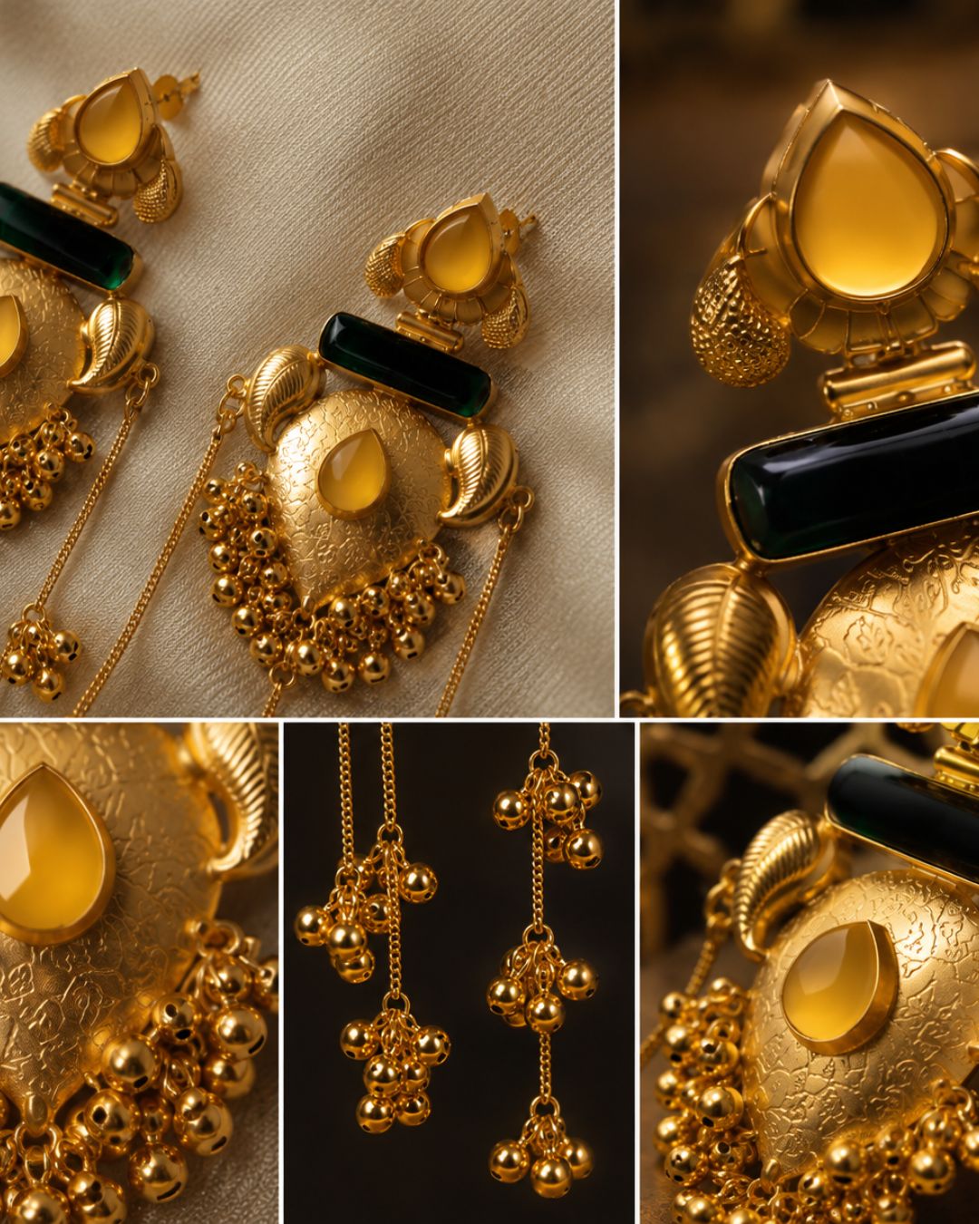 Elegant Gold Green  Stone Tassel  Drop Earrings