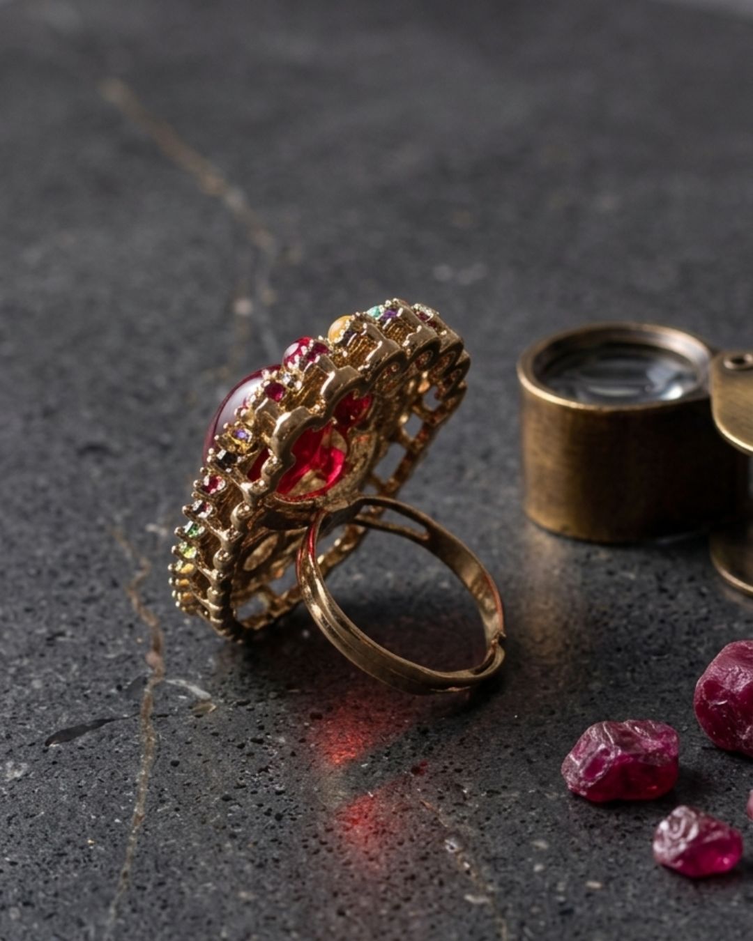 Royal Ruby Red Gold-Plated American Diamond Floral Statement Ring