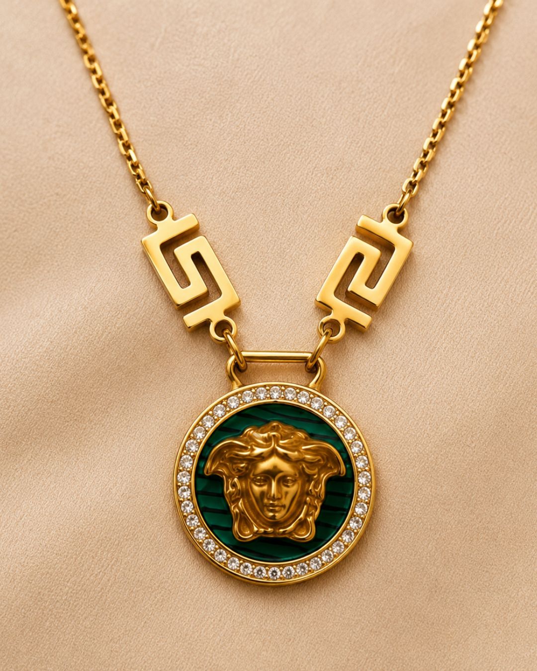 Gold-Plated Green Medallion Pendant Necklace