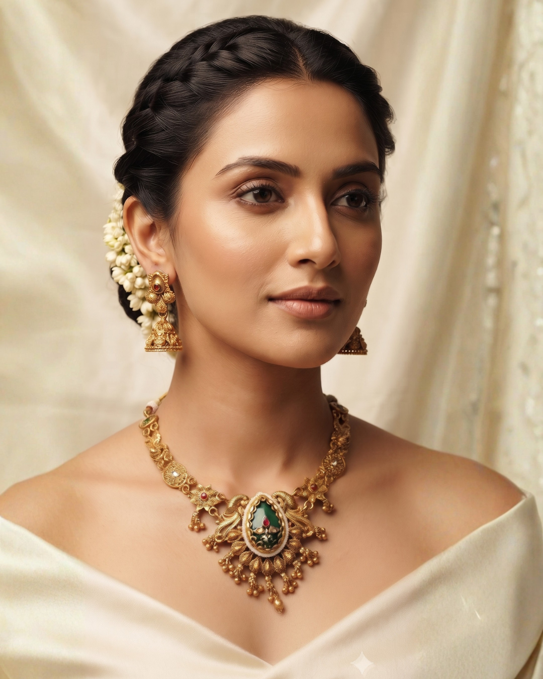 Emerald Green & Antique Gold Temple Jewellery Necklace Set