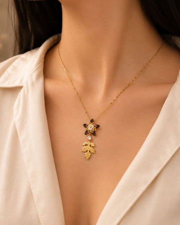 Gold-Plated Black Floral Pendant Necklace