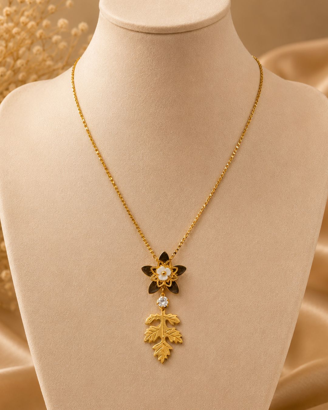 Gold-Plated Black Floral Pendant Necklace